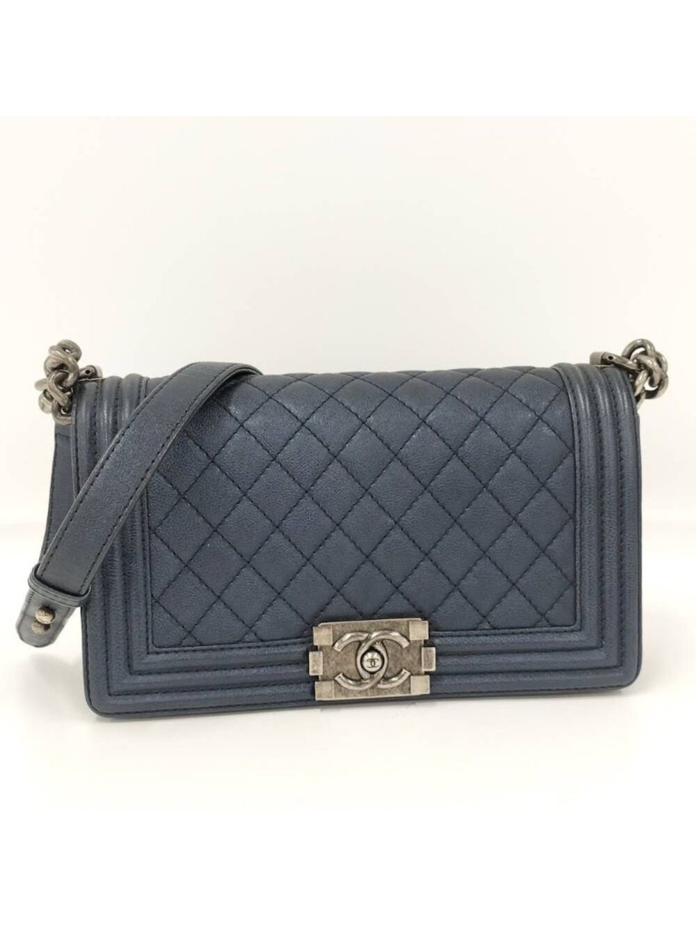 Chanel Boy Chain Shoulder Bag Leather Navy